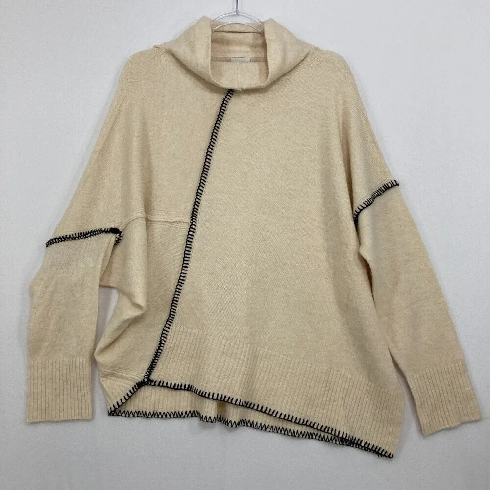 New‎ BKE XL Cream Black Turtle Neck Soft Relaxed Artsy Asymmetric Sweater